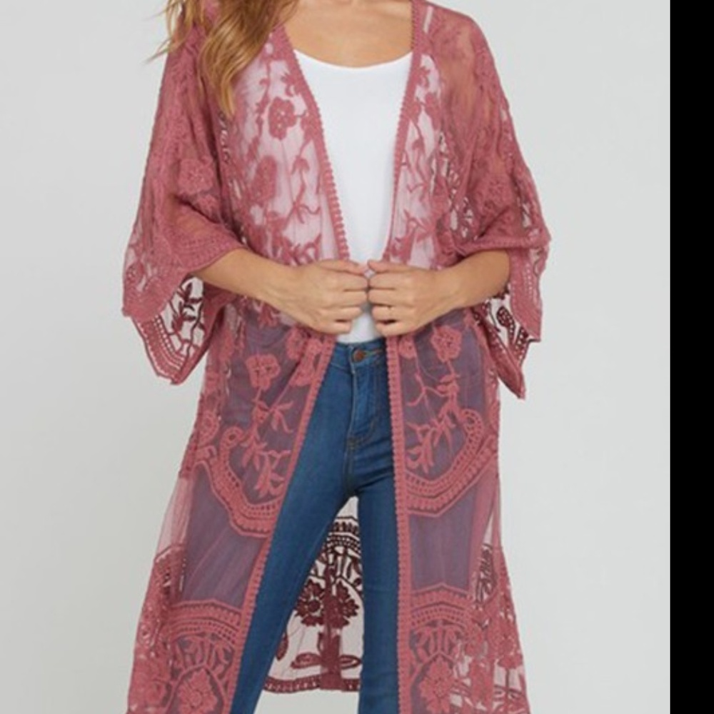 Long Lace Cardigan Duster in Mauve - Picture 2 of 5